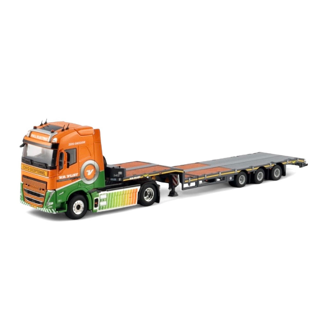 Model of a flatbed truck with an orange and green color scheme on a white background