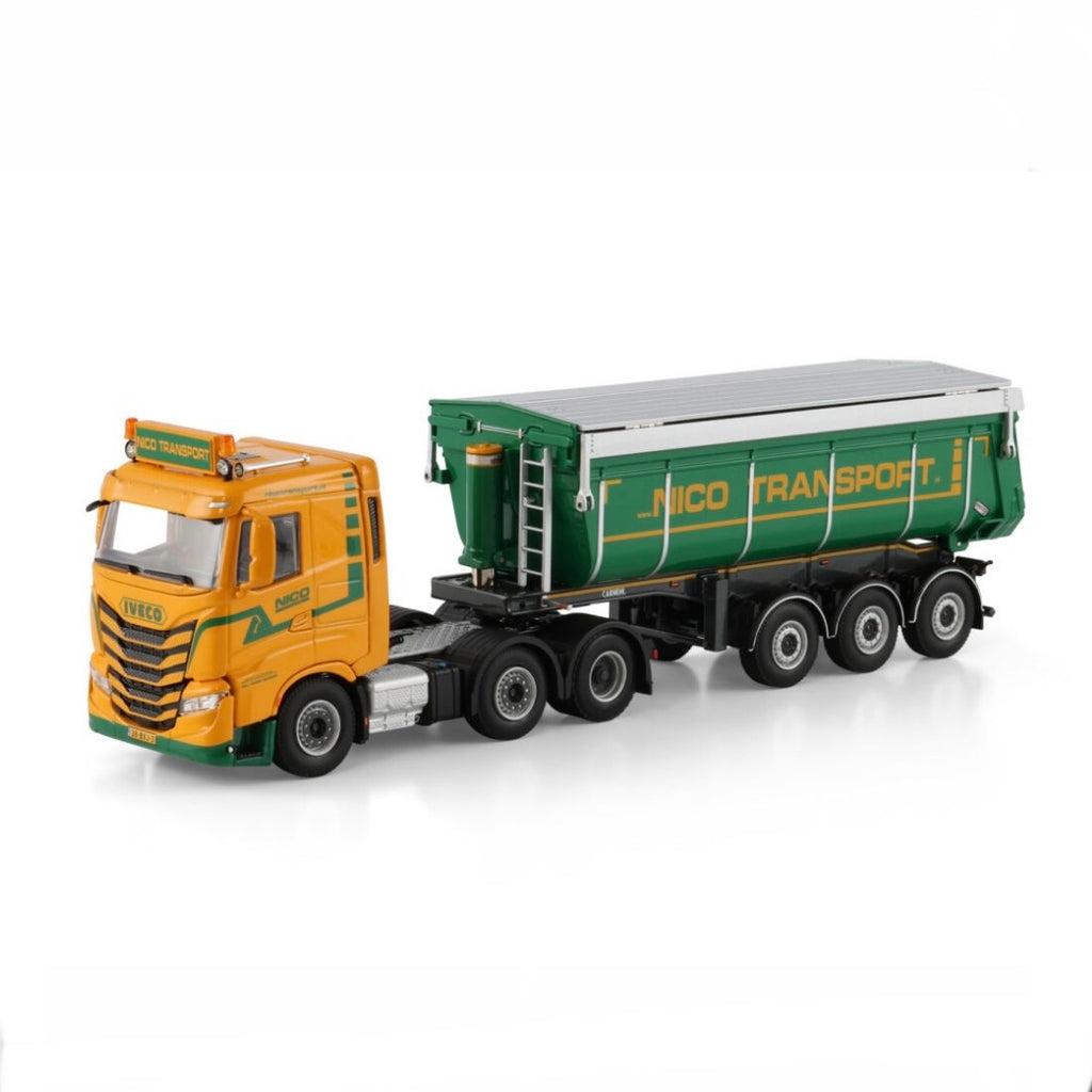 WSI Nico Transport Iveco S-Way AS Low 6x2 Midlift Axle Non Steering Tipper Trailer - 3 Axle 1:50 Scale Model - Front View