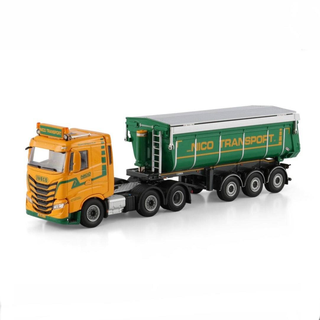 WSI Nico Transport Iveco S-Way AS Low 6x2 Midlift Axle Non Steering Tipper Trailer - 3 Axle 1:50 Scale Model - Front View