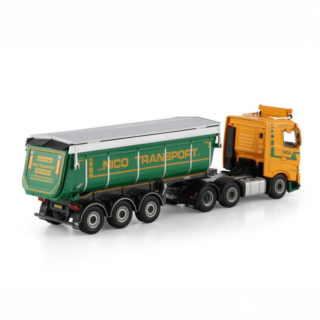 WSI Nico Transport Iveco S-Way AS Low 6x2 Midlift Axle Non Steering Tipper Trailer - 3 Axle 1:50 Scale Model - back View
