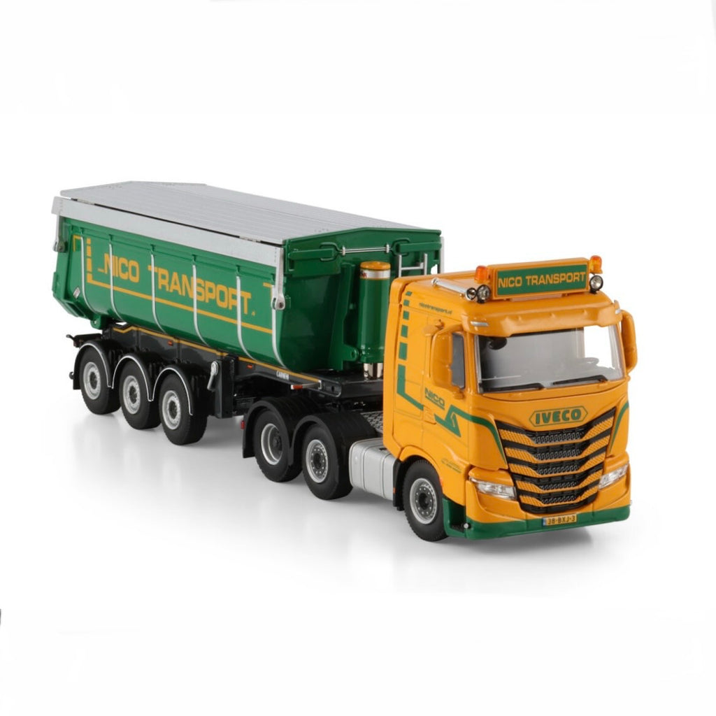 WSI Nico Transport Iveco S-Way AS Low 6x2 Midlift Axle Non Steering Tipper Trailer - 3 Axle 1:50 Scale Model - Front View 2