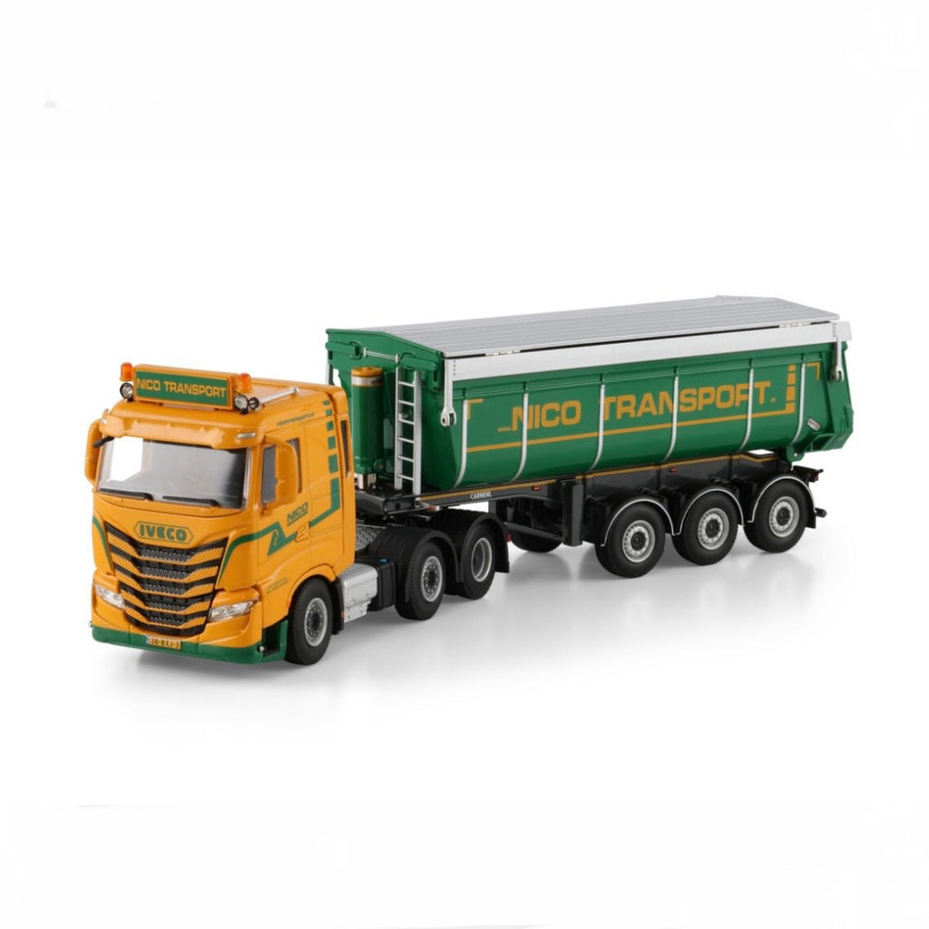 WSI Nico Transport Iveco S-Way AS Low 6x2 Midlift Axle Non Steering Tipper Trailer - 3 Axle 1:50 Scale Model - Front View 3