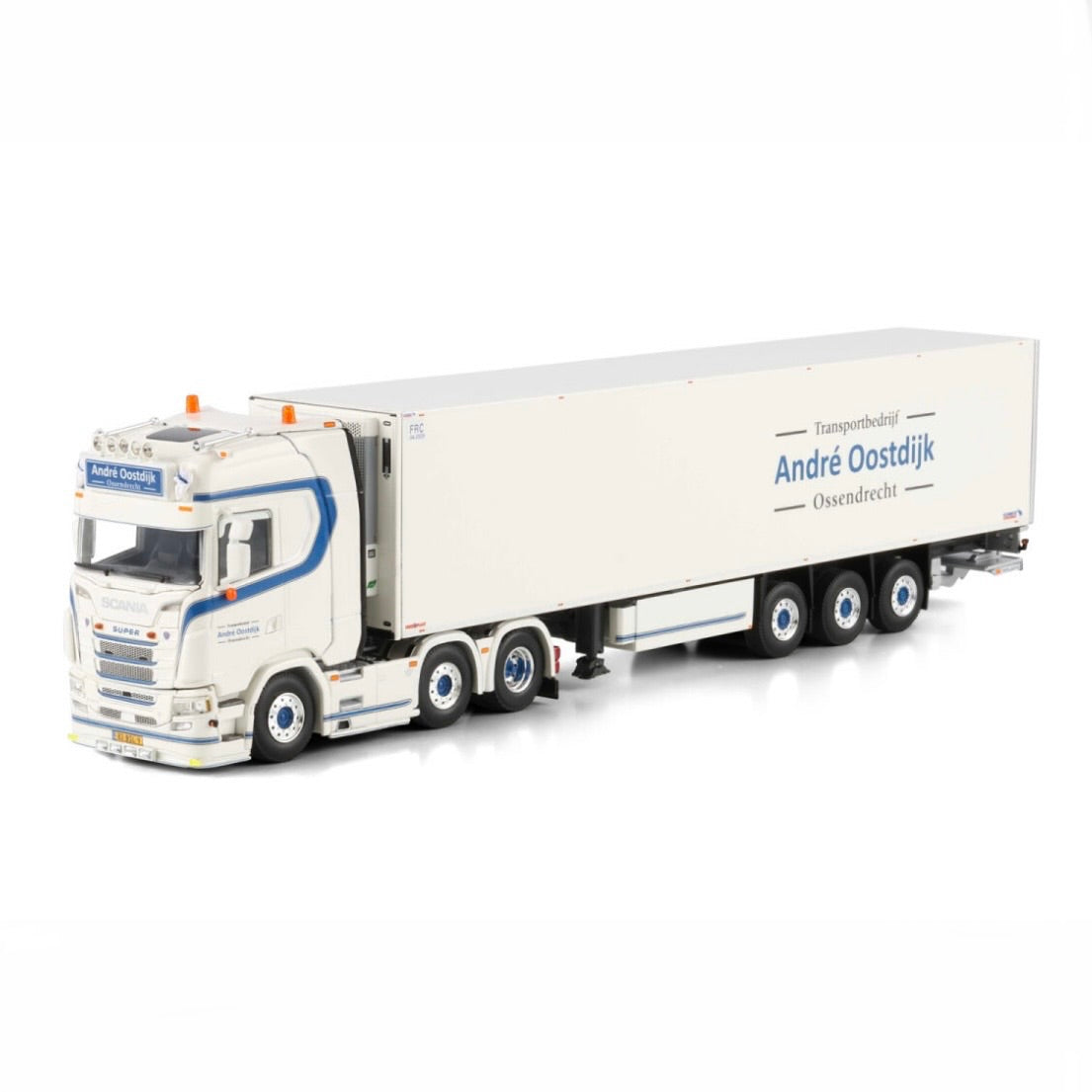 WSI André Oostdijk Scania S Highline CS20H 6x2 Twin Steer Reefer Trailer - 3 Axle 1:50 Scale Model - Front View
