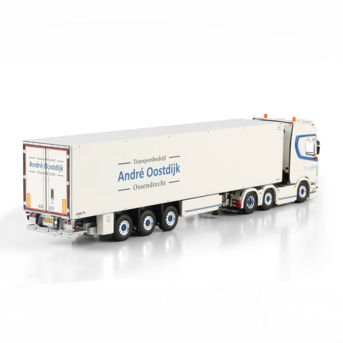 WSI André Oostdijk Scania S Highline CS20H 6x2 Twin Steer Reefer Trailer - 3 Axle 1:50 Scale Model - back View