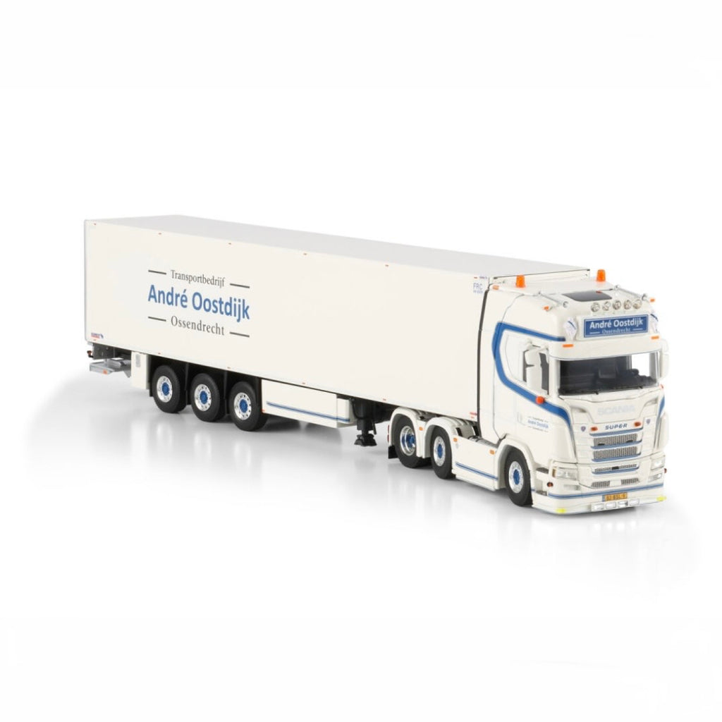 WSI André Oostdijk Scania S Highline CS20H 6x2 Twin Steer Reefer Trailer - 3 Axle 1:50 Scale Model - side View