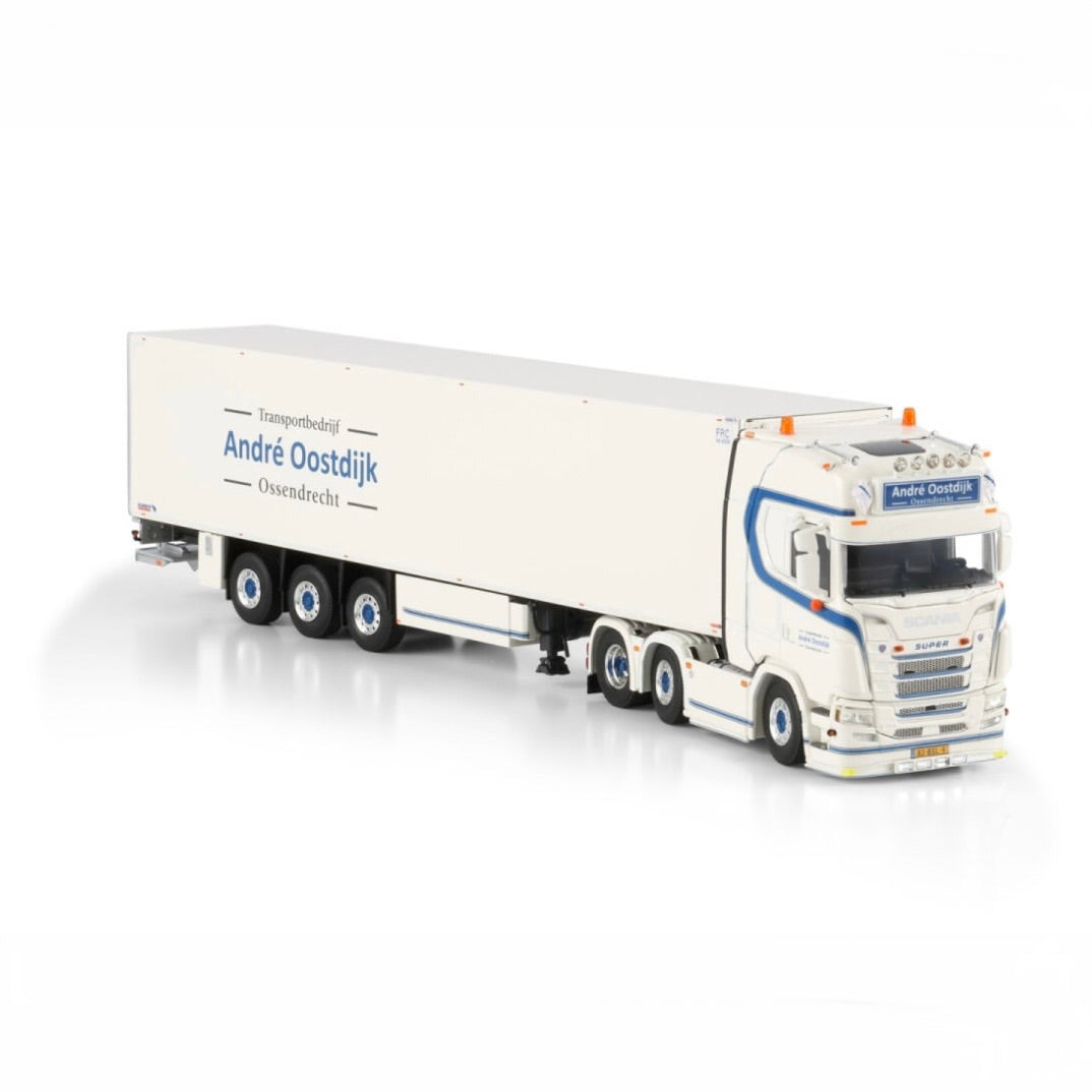 WSI André Oostdijk Scania S Highline CS20H 6x2 Twin Steer Reefer Trailer - 3 Axle 1:50 Scale Model - side View