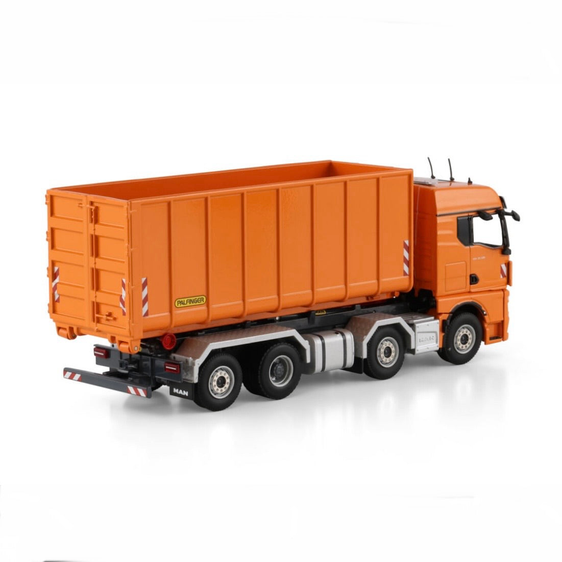 WSI Premium Line MAN TGX GM Rigid Truck with Hooklift System 8x2 Tag Axle + 40m³ Container 1:50 Scale Model - back View