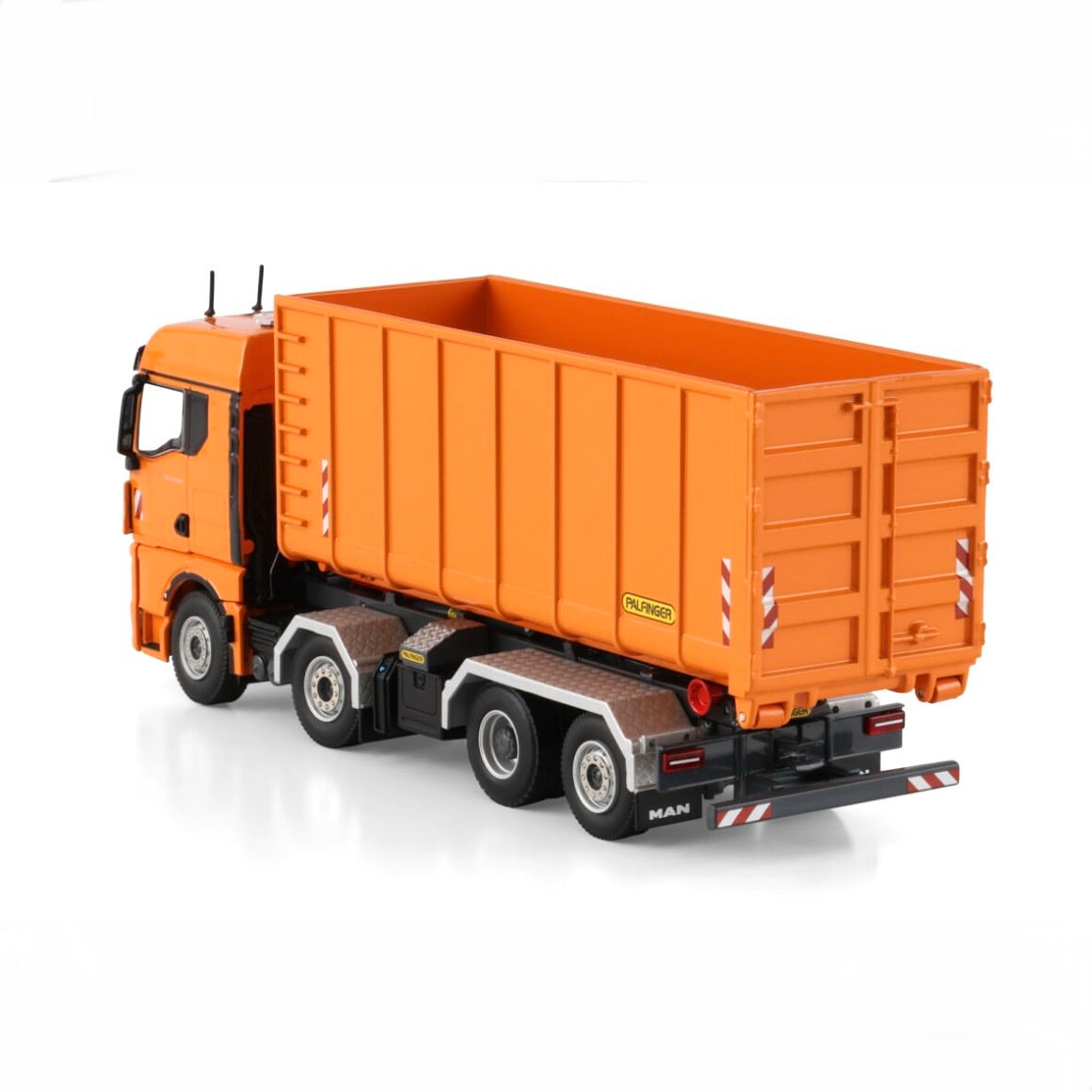 WSI Premium Line MAN TGX GM Rigid Truck with Hooklift System 8x2 Tag Axle + 40m³ Container 1:50 Scale Model - back side View