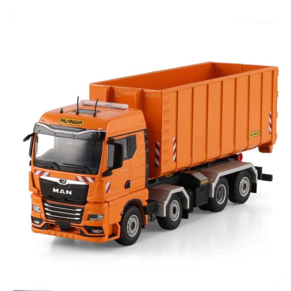 WSI Premium Line MAN TGX GM Rigid Truck with Hooklift System 8x2 Tag Axle + 40m³ Container 1:50 Scale Model - Front corner View