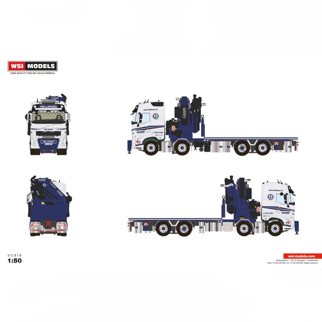 WSI Hellerød Transport Volvo FH5 Globetrotter Rigid Flatbed Truck 8x2 Tag Axle with Fassi 1100 + Jib 1:50 Scale Model 