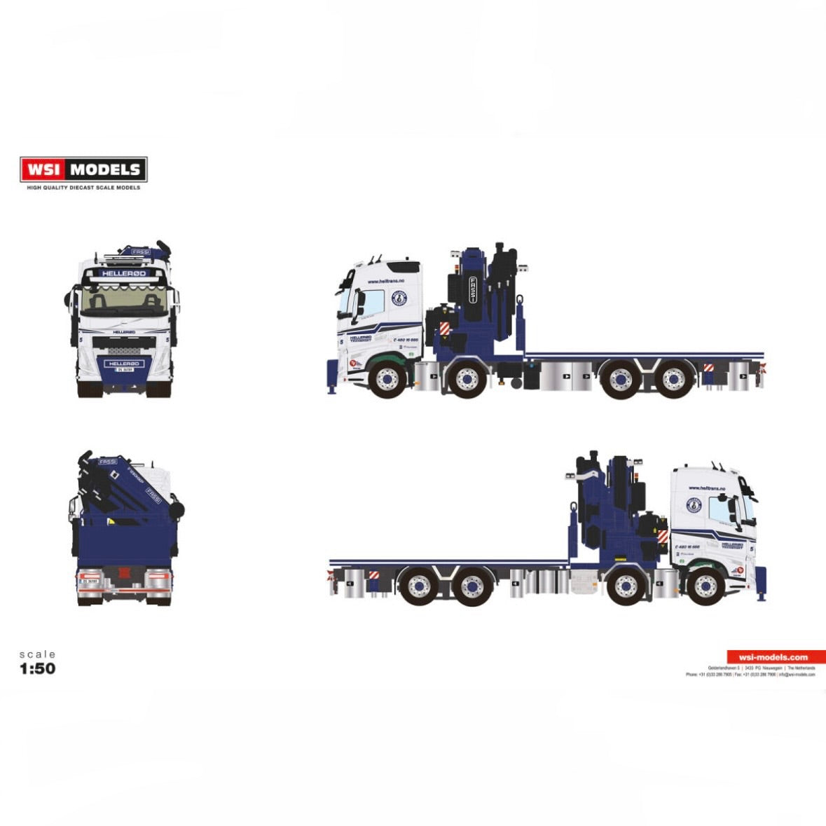 WSI Hellerød Transport Volvo FH5 Globetrotter Rigid Flatbed Truck 8x2 Tag Axle with Fassi 1100 + Jib 1:50 Scale Model 