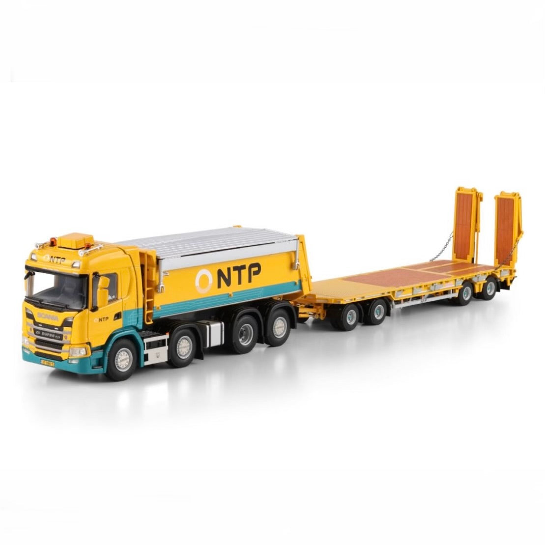 WSI NTP Scania G Normal CG17N Tipper Truck 8x2 Tag Axle with Low Loader Drawbar Trailer