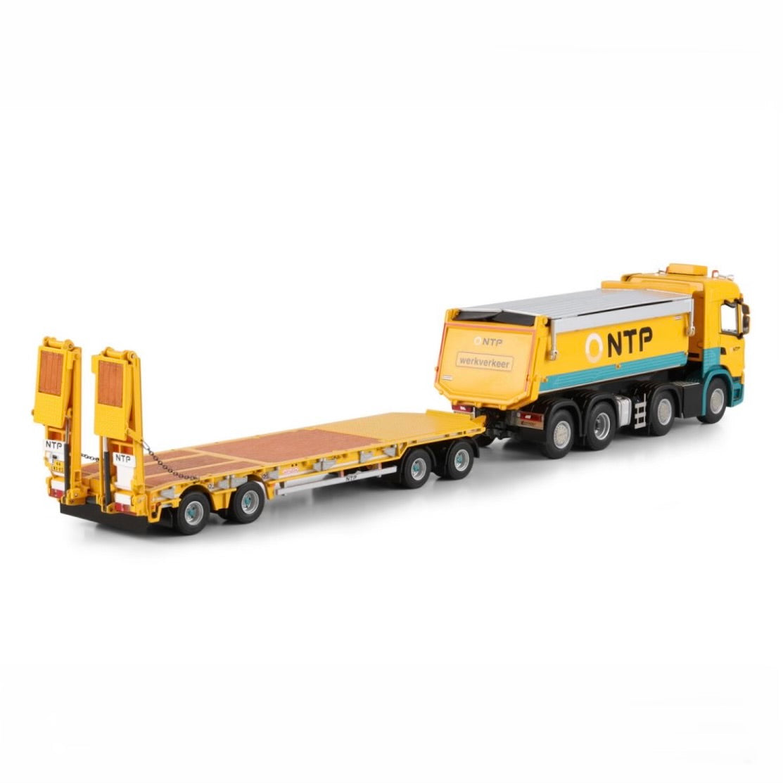 WSI NTP Scania G Normal CG17N Tipper Truck 8x2 Tag Axle with Low Loader Drawbar Trailer rear view