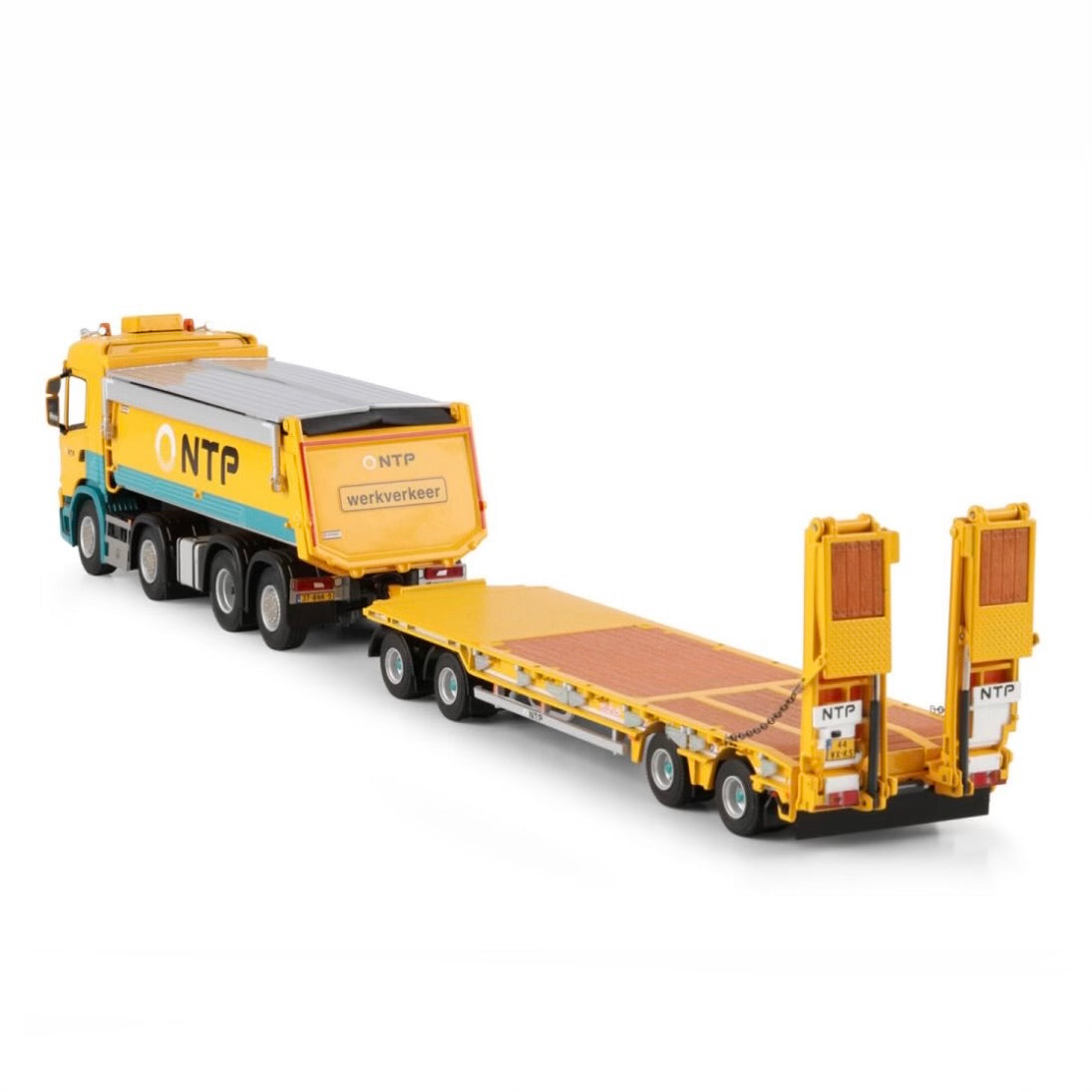 WSI NTP Scania G Normal CG17N Tipper Truck 8x2 Tag Axle with Low Loader Drawbar Trailer back view