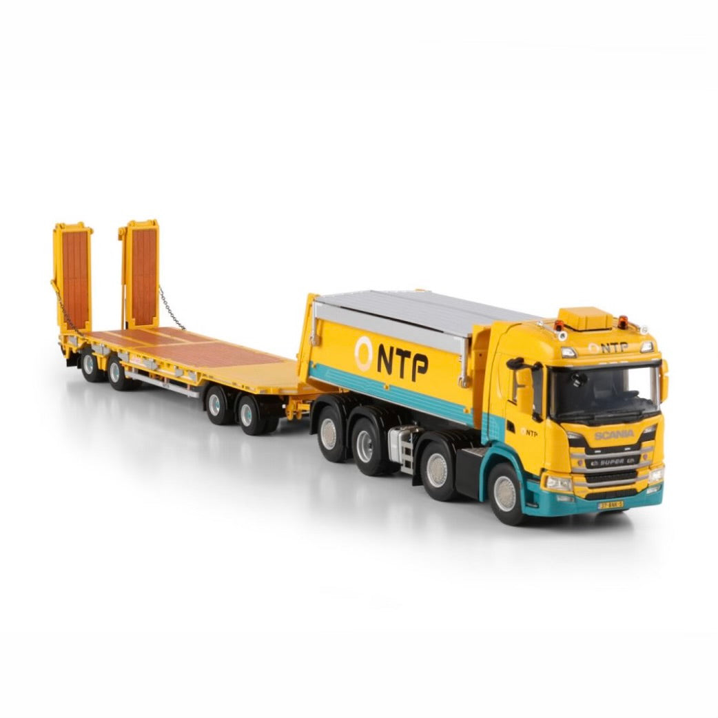 WSI NTP Scania G Normal CG17N Tipper Truck 8x2 Tag Axle with Low Loader Drawbar Trailer side view
