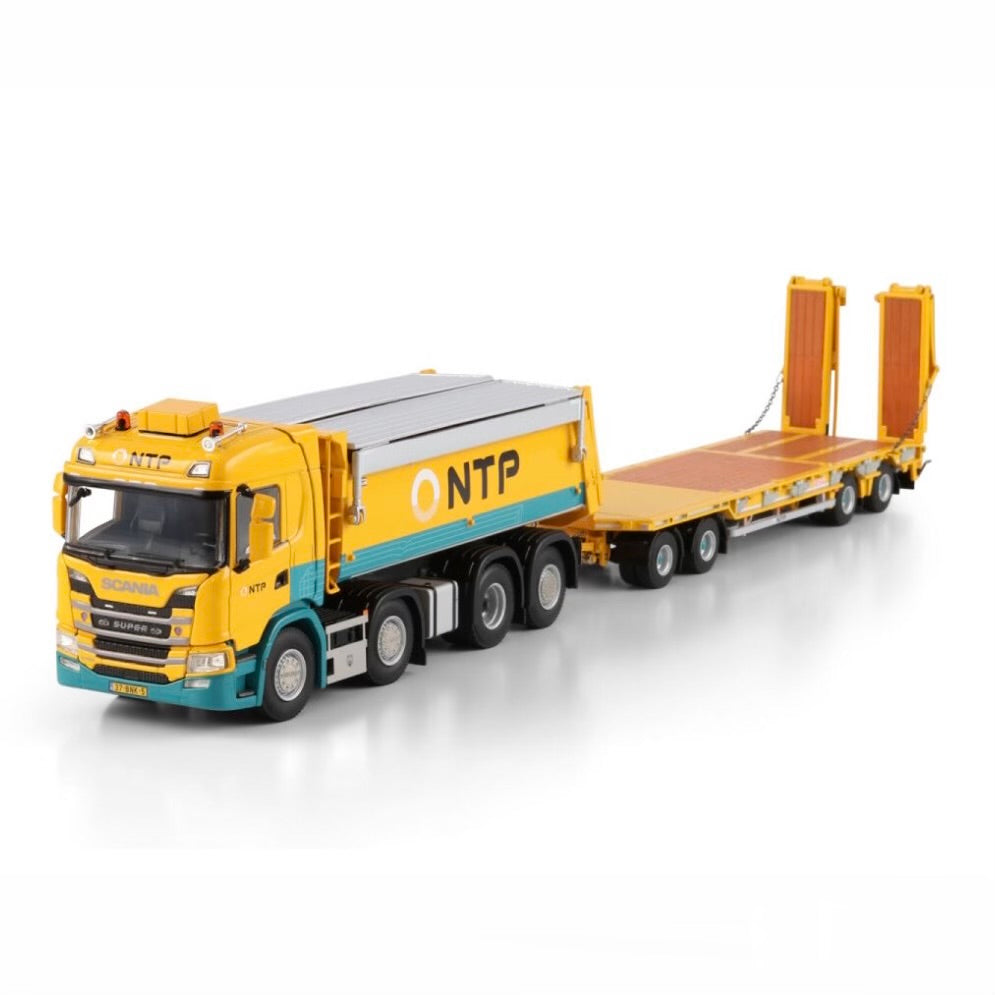 WSI NTP Scania G Normal CG17N Tipper Truck 8x2 Tag Axle with Low Loader Drawbar Trailer front quarter view