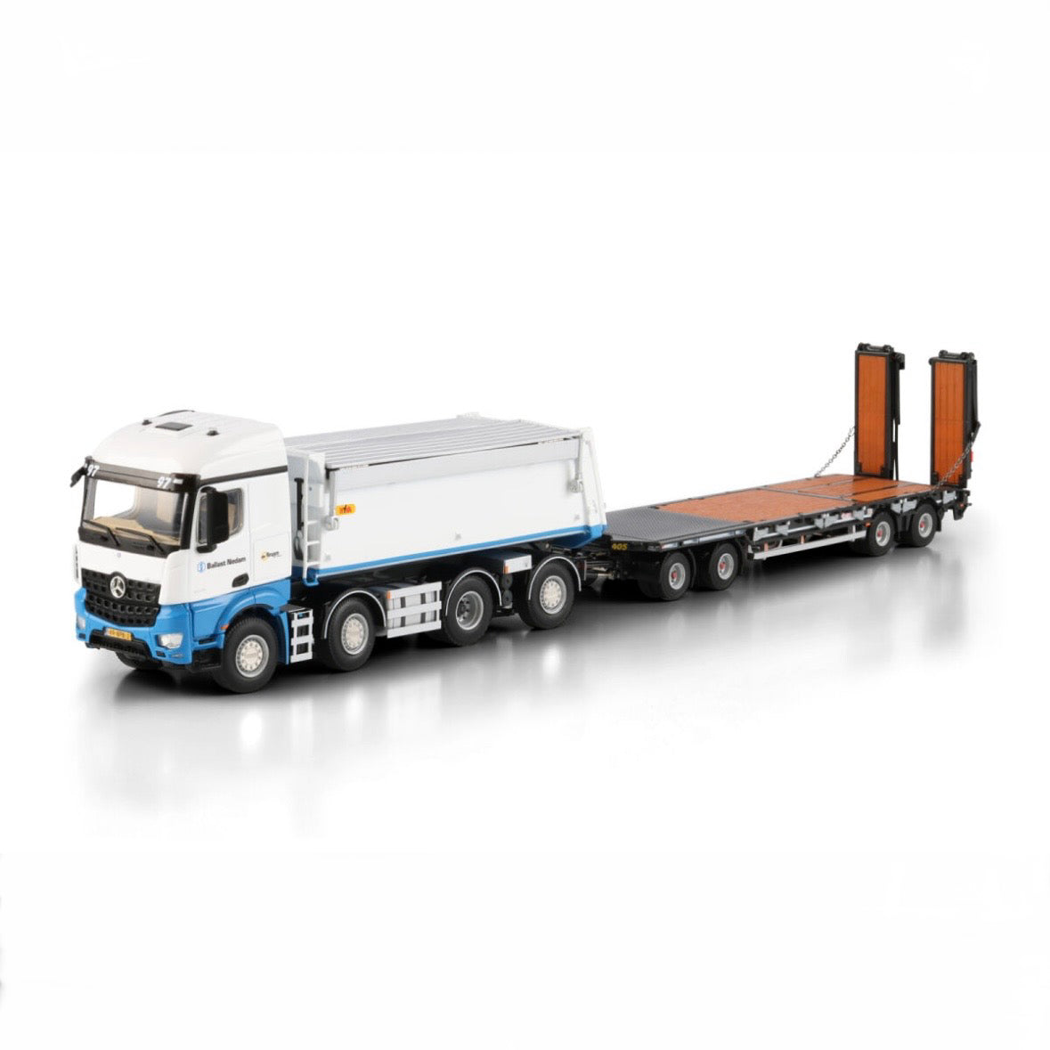 WSI Ballast Nedam Mercedes Arocs MP4 8x2 Tag Axle Tipper with Drawbar Plant Trailer front view