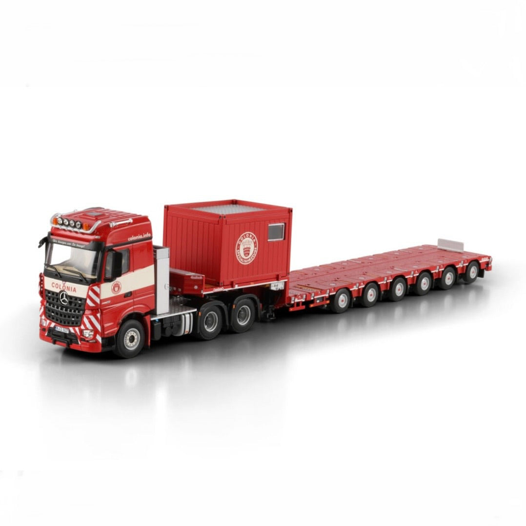 WSI Colonia Mercedes-Benz Arocs MP4 Big Space 6x4 with Nooteboom Manoovr 6 Axle Lowloader and 10ft Container