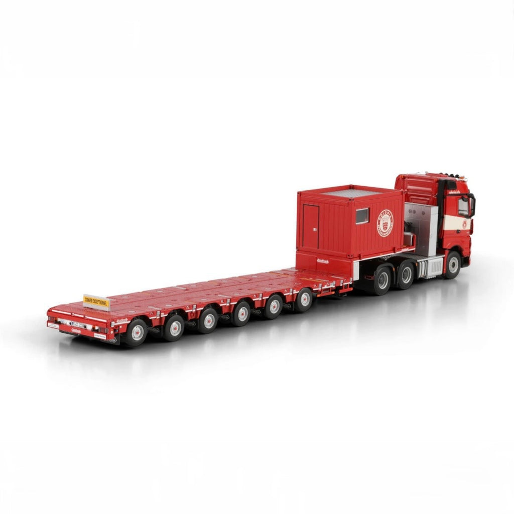 WSI Colonia Mercedes-Benz Arocs MP4 Big Space 6x4 with Nooteboom Manoovr 6 Axle Lowloader and 10ft Container rear view