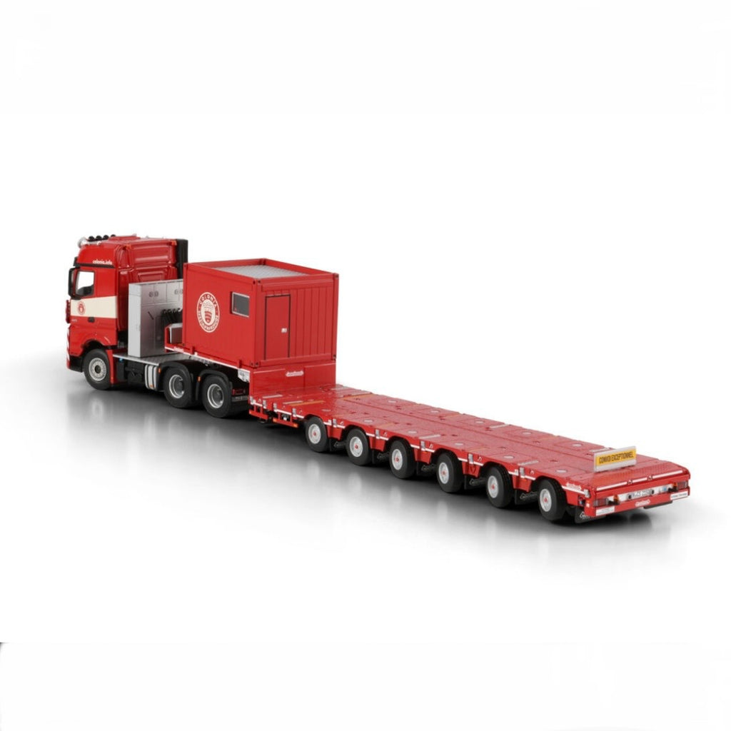 WSI Colonia Mercedes-Benz Arocs MP4 Big Space 6x4 with Nooteboom Manoovr 6 Axle Lowloader and 10ft Container rear side view