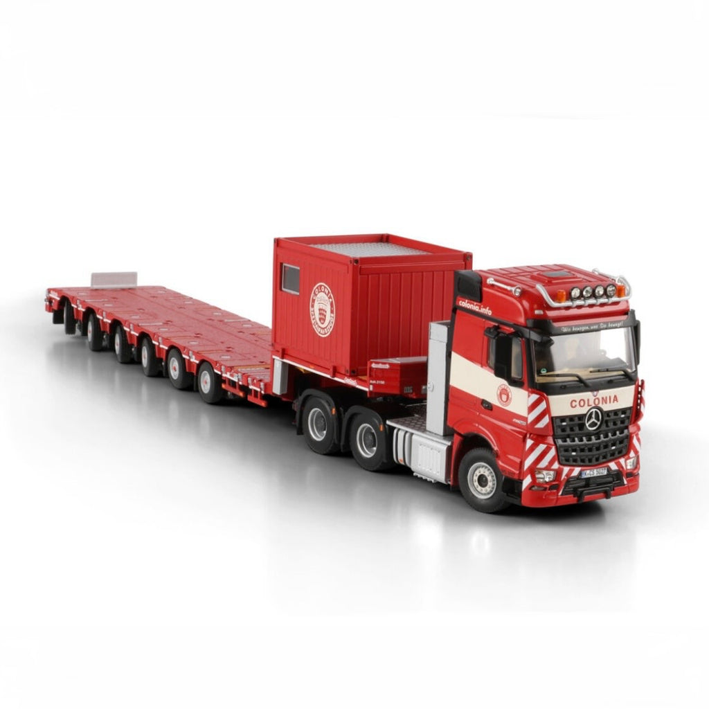 WSI Colonia Mercedes-Benz Arocs MP4 Big Space 6x4 with Nooteboom Manoovr 6 Axle Lowloader and 10ft Container front left view