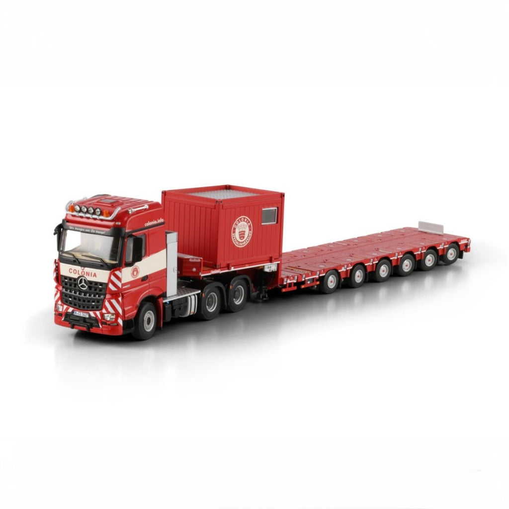 WSI Colonia Mercedes-Benz Arocs MP4 Big Space 6x4 with Nooteboom Manoovr 6 Axle Lowloader and 10ft Container front right view