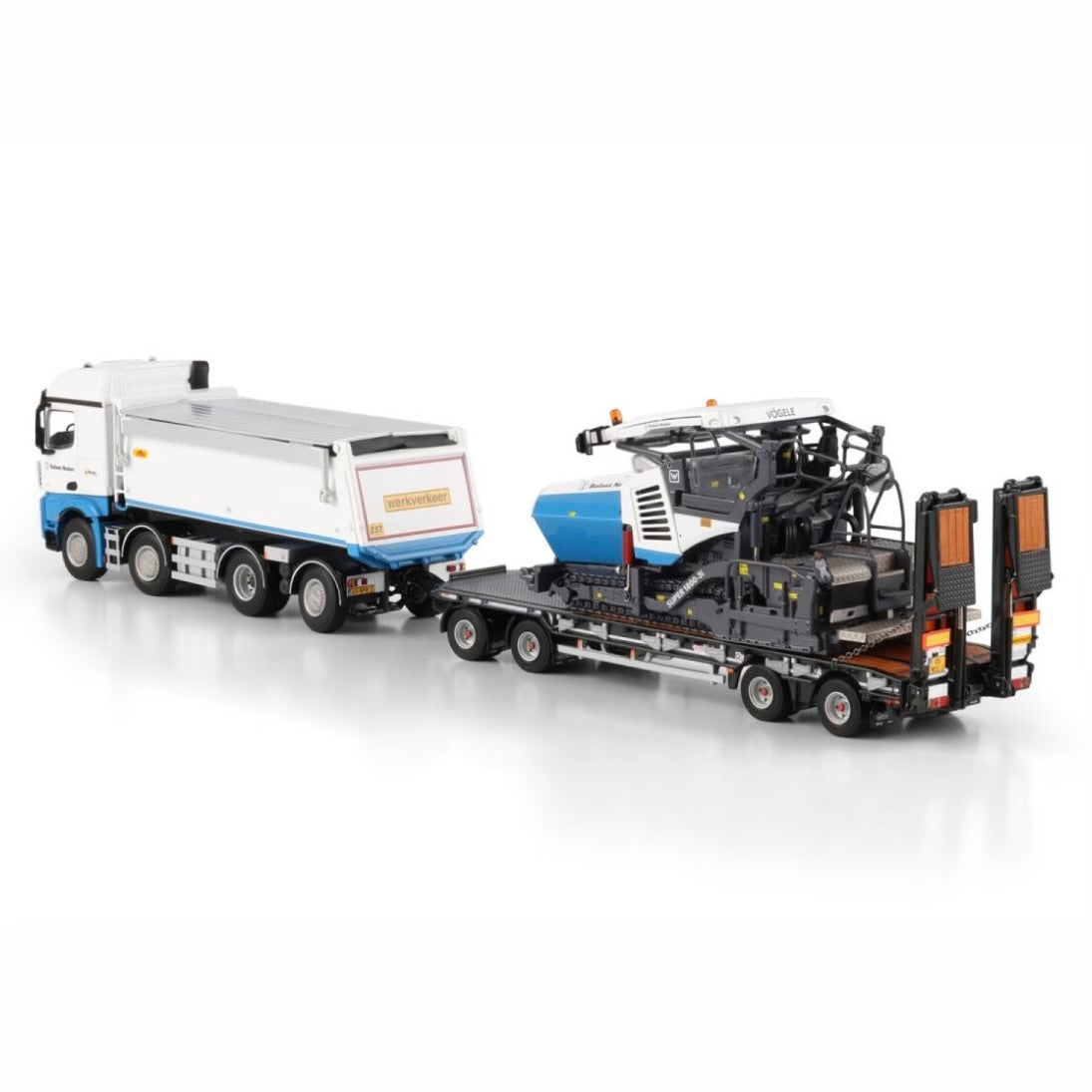 edes Arocs MP4 8x2 Tag Axle Tipper / Drawbar Plant Trailer with Vogele Super 1800-3 Paver rear view