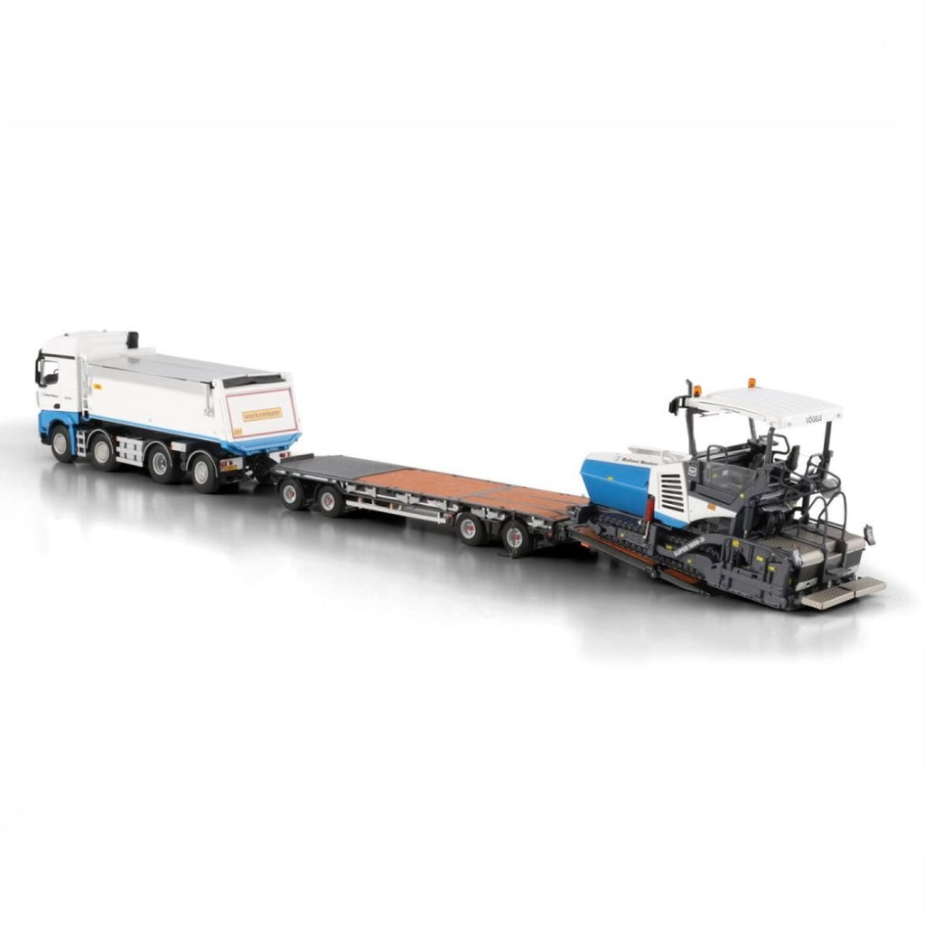 edes Arocs MP4 8x2 Tag Axle Tipper / Drawbar Plant Trailer with Vogele Super 1800-3 Paver detail view