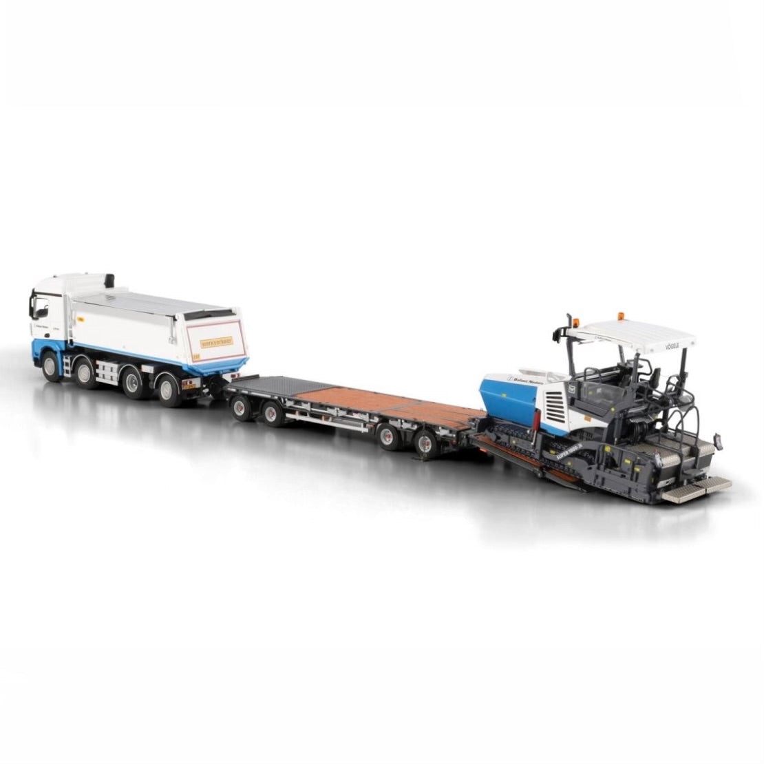 edes Arocs MP4 8x2 Tag Axle Tipper / Drawbar Plant Trailer with Vogele Super 1800-3 Paver detail view