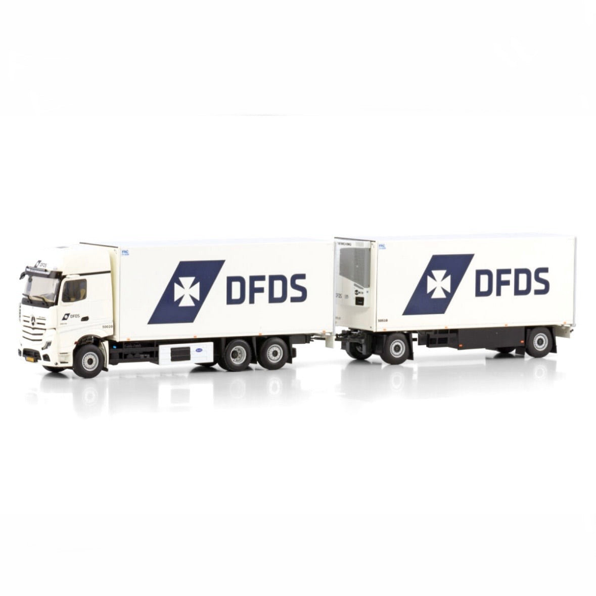 WSI DFDS Mercedes Actros MP5 Giga Space Rigid Fridge Truck with Drawbar Trailer