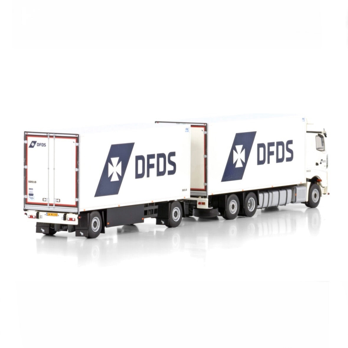 WSI DFDS Mercedes Actros MP5 Giga Space Rigid Fridge Truck with Drawbar Trailer