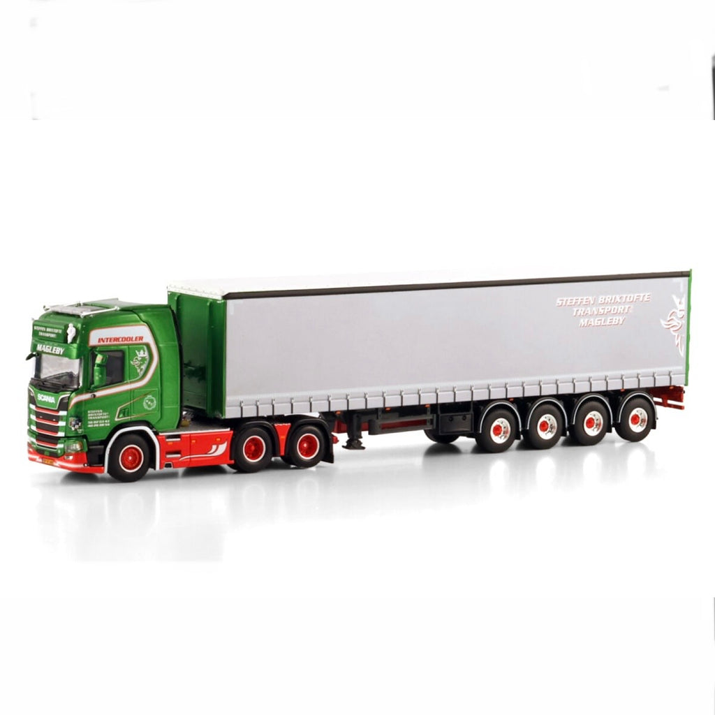 WSI Steffen Brixtofte Scania R Highline CR20H 6x2 Tag Axle with 4 Axle Curtainside Trailer