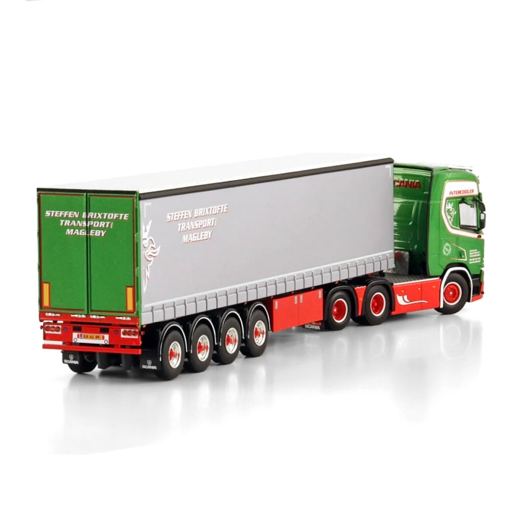 WSI Steffen Brixtofte Scania R Highline CR20H 6x2 Tag Axle with 4 Axle Curtainside Trailer