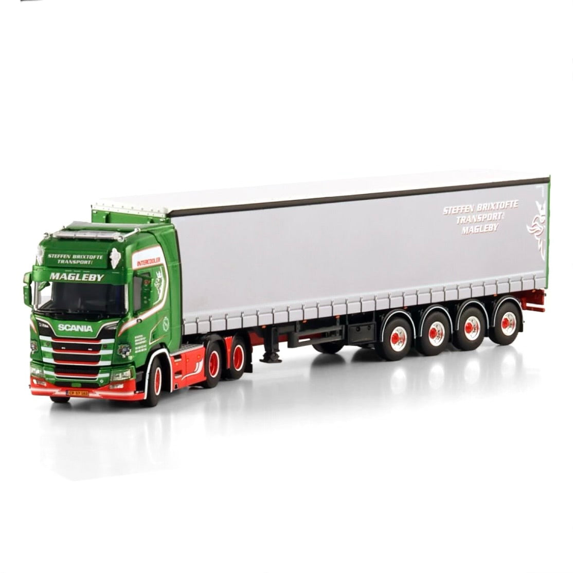 WSI Steffen Brixtofte Scania R Highline CR20H 6x2 Tag Axle with 4 Axle Curtainside Trailer