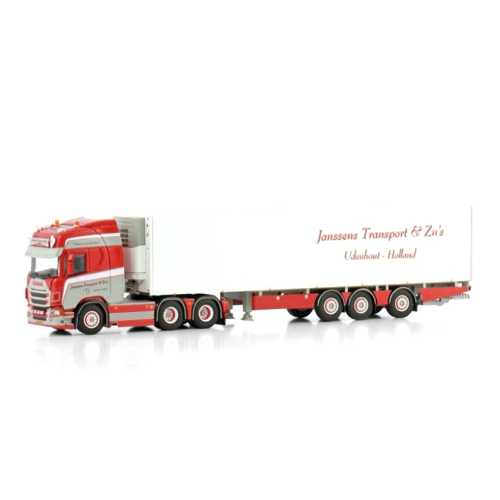 WSI Janssens Transport Scania R Highline CR20H 6x2 Tag TRI DEC Steering Rear Axle Reefer Trailer 1:50 scale model