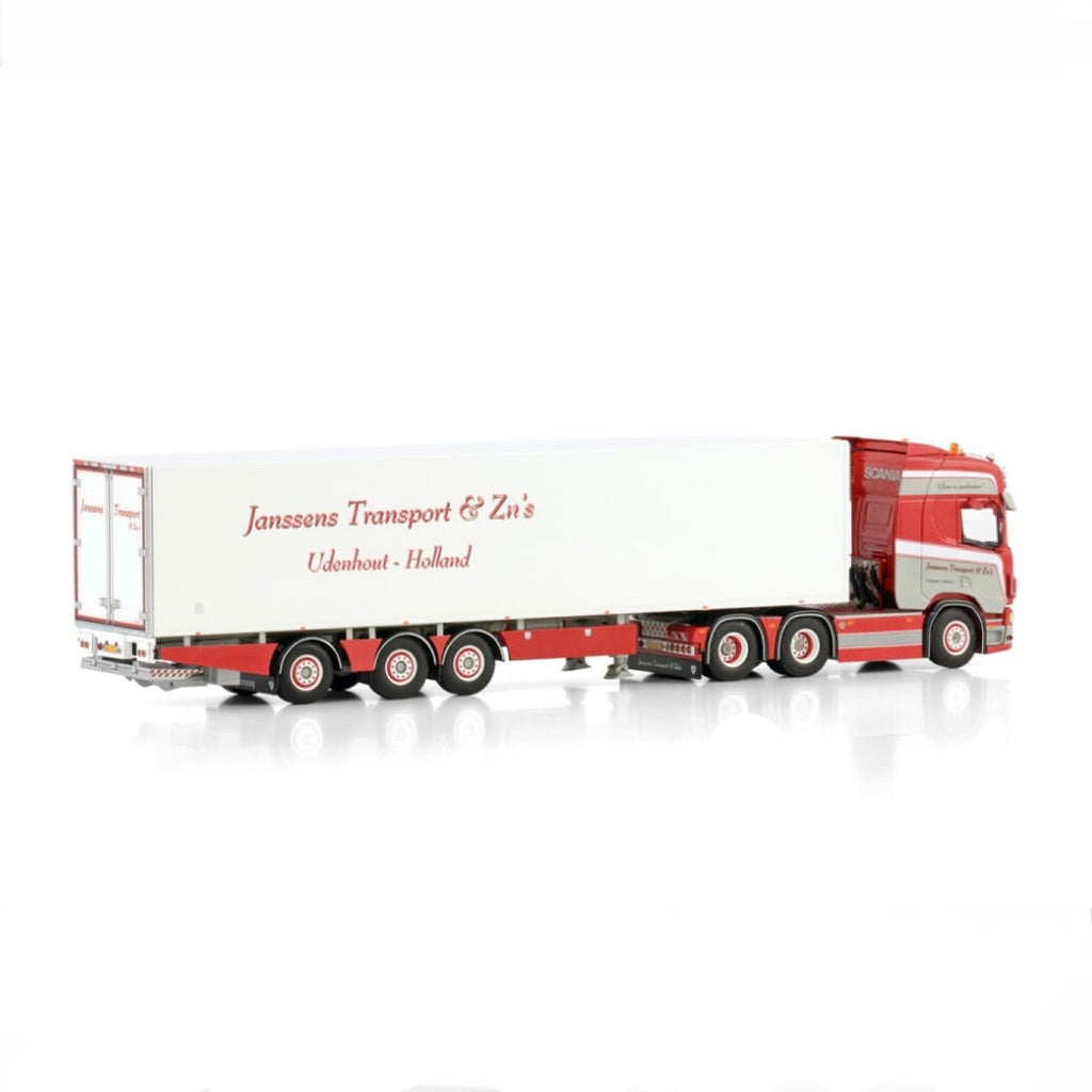 WSI Janssens Transport Scania R Highline CR20H 6x2 Tag TRI DEC Steering Rear Axle Reefer Trailer 1:50 scale model
