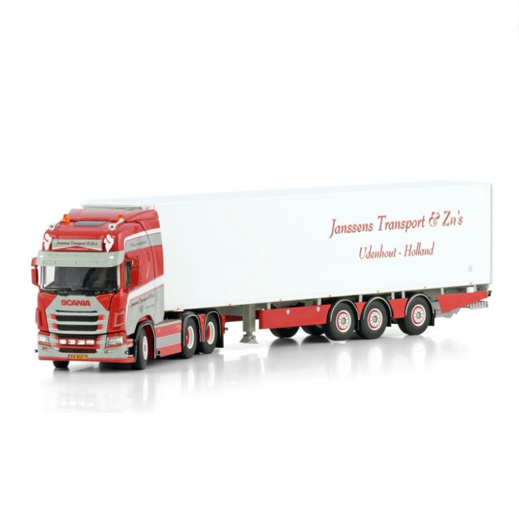 WSI Janssens Transport Scania R Highline CR20H 6x2 Tag TRI DEC Steering Rear Axle Reefer Trailer 1:50 scale model