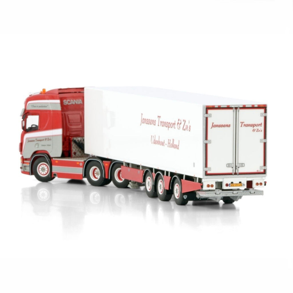 WSI Janssens Transport Scania R Highline CR20H 6x2 Tag TRI DEC Steering Rear Axle Reefer Trailer 1:50 scale model