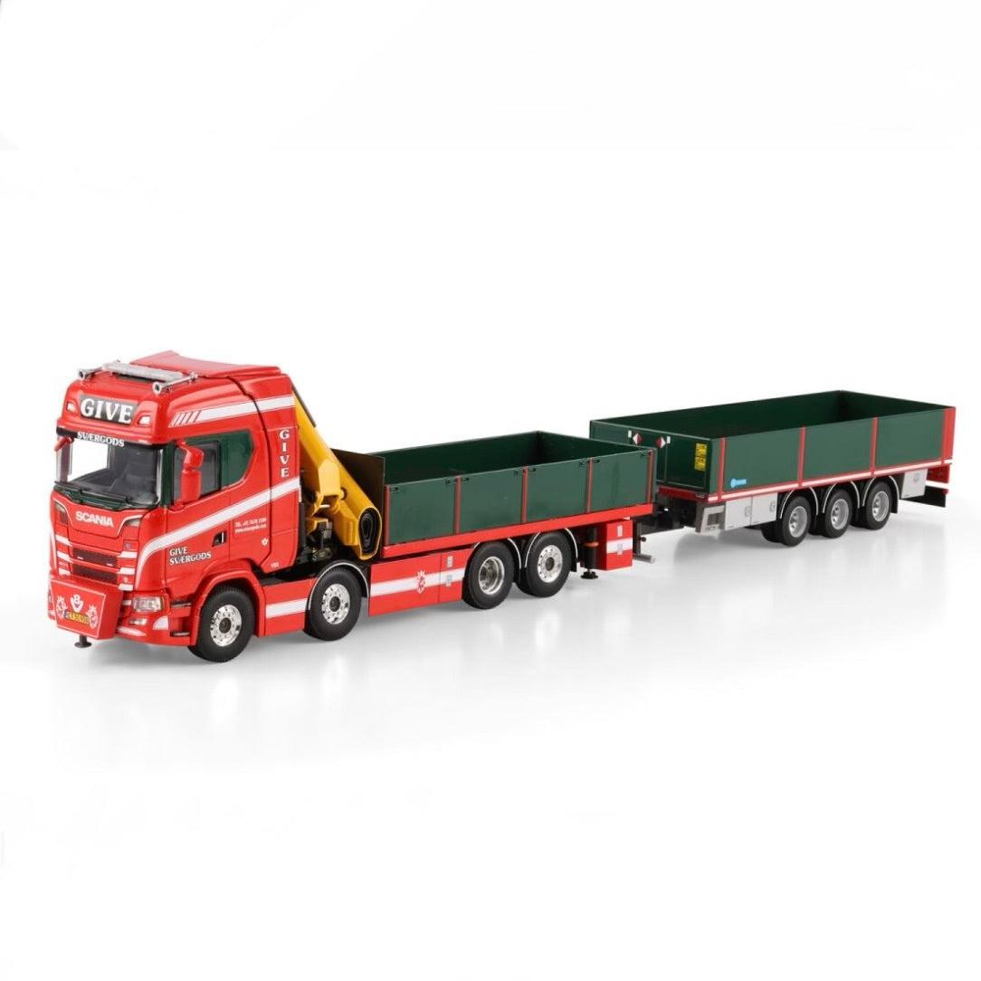 WSI Give Sværgods Scania S Highline CS20H Palfinger PK 480 Technical Flatbed 8x2 Tag with Flatbed Drawbar Trailer