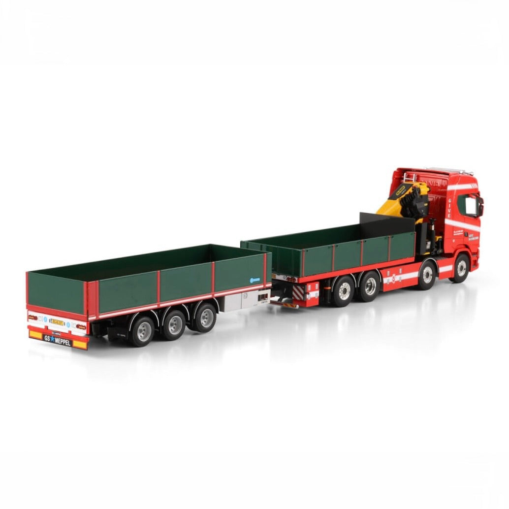 WSI Give Sværgods Scania S Highline CS20H Palfinger PK 480 Technical Flatbed 8x2 Tag with Flatbed Drawbar Trailer