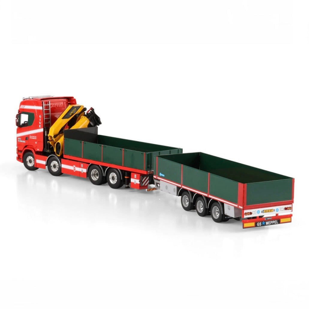 WSI Give Sværgods Scania S Highline CS20H Palfinger PK 480 Technical Flatbed 8x2 Tag with Flatbed Drawbar Trailer