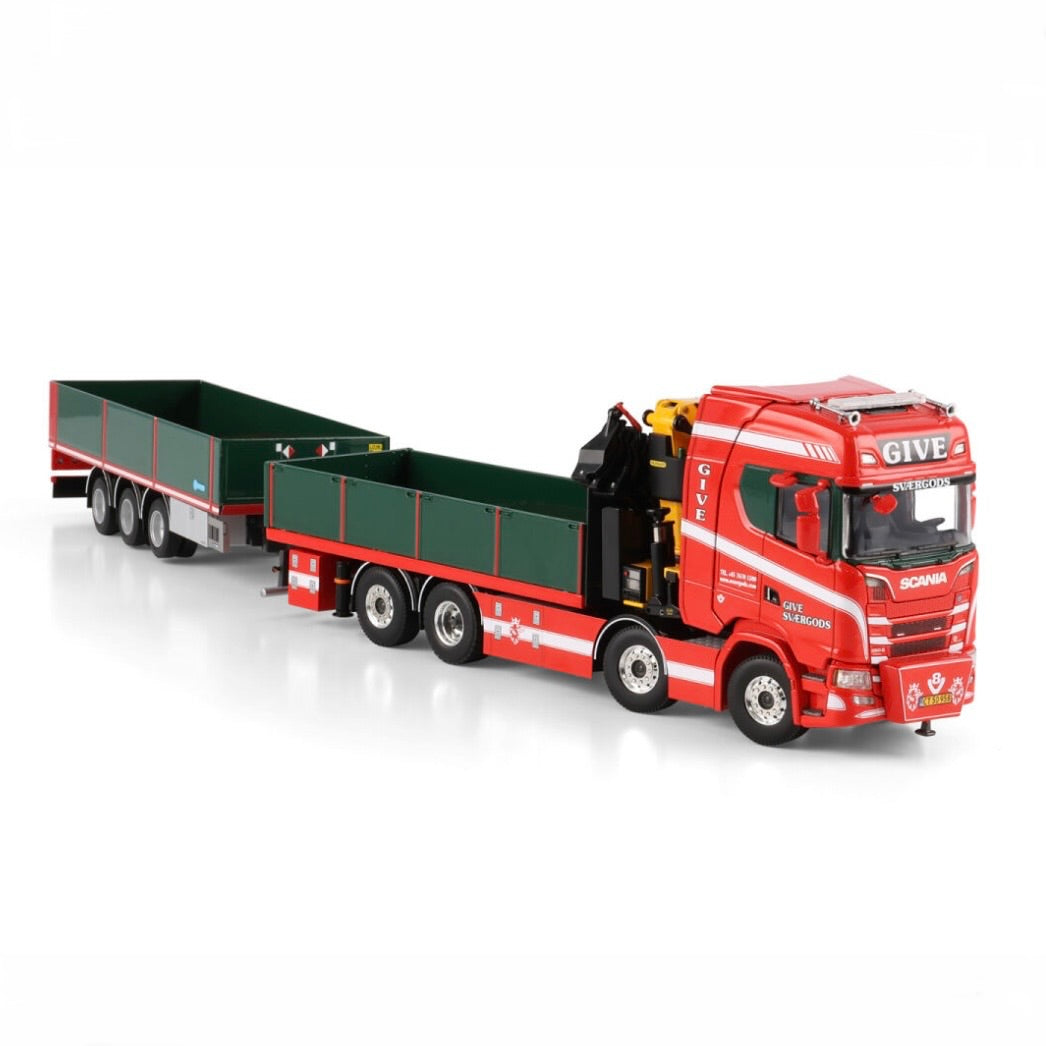 WSI Give Sværgods Scania S Highline CS20H Palfinger PK 480 Technical Flatbed 8x2 Tag with Flatbed Drawbar Trailer