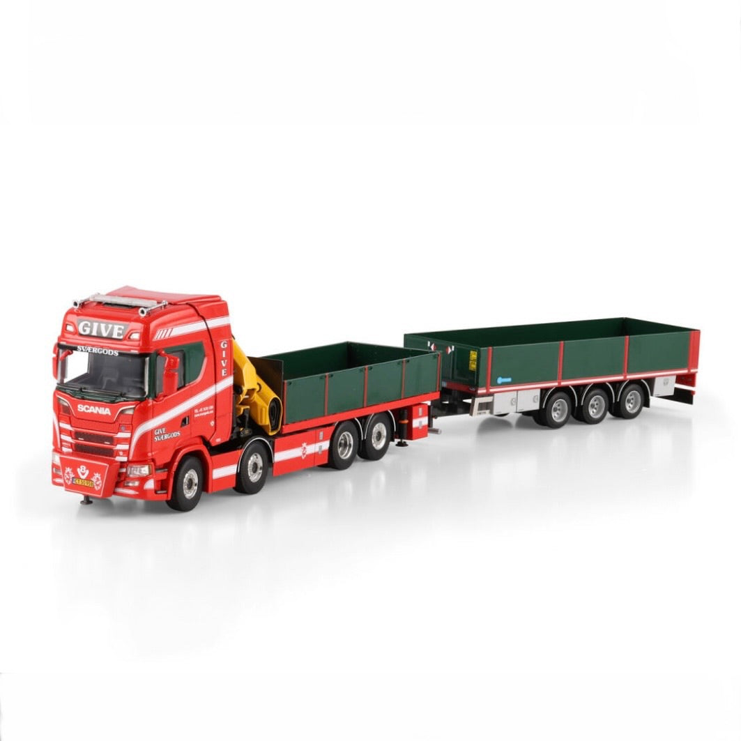 WSI Give Sværgods Scania S Highline CS20H Palfinger PK 480 Technical Flatbed 8x2 Tag with Flatbed Drawbar Trailer