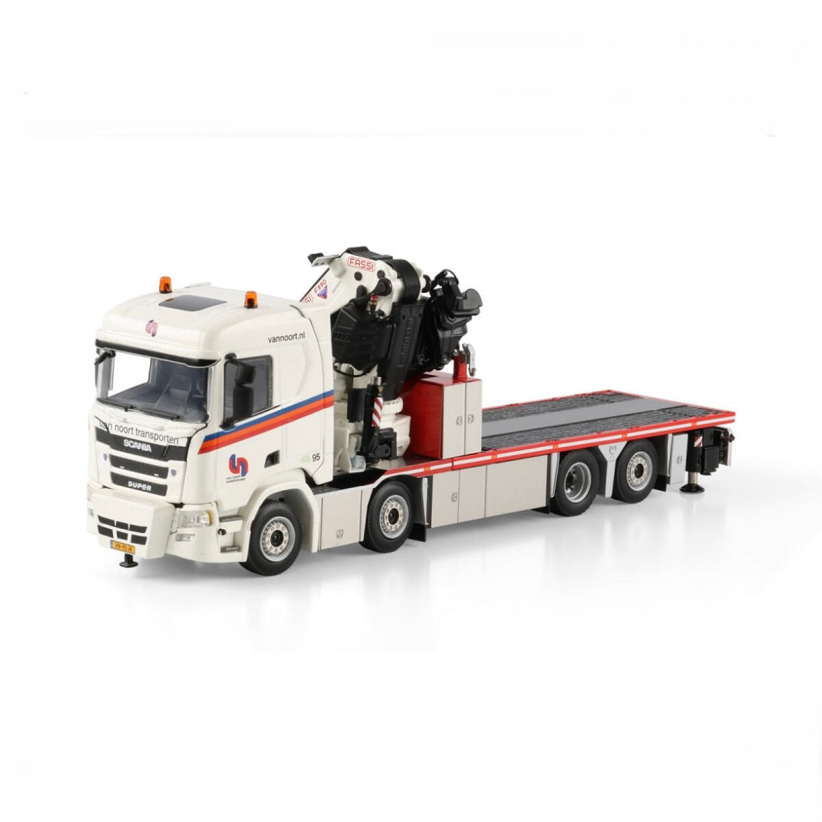WSI Van Noort Transporten Scania R Normal CR20N Rigid Flatbed Truck 8x2 Tag Axle with Fassi 1100 + Jib