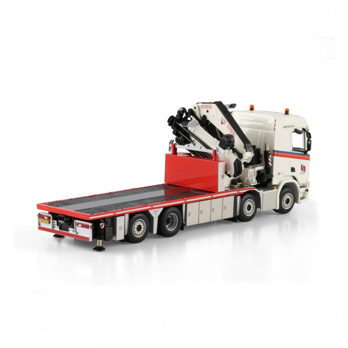 WSI Van Noort Transporten Scania R Normal CR20N Rigid Flatbed Truck 8x2 Tag Axle with Fassi 1100 + Jib rear view