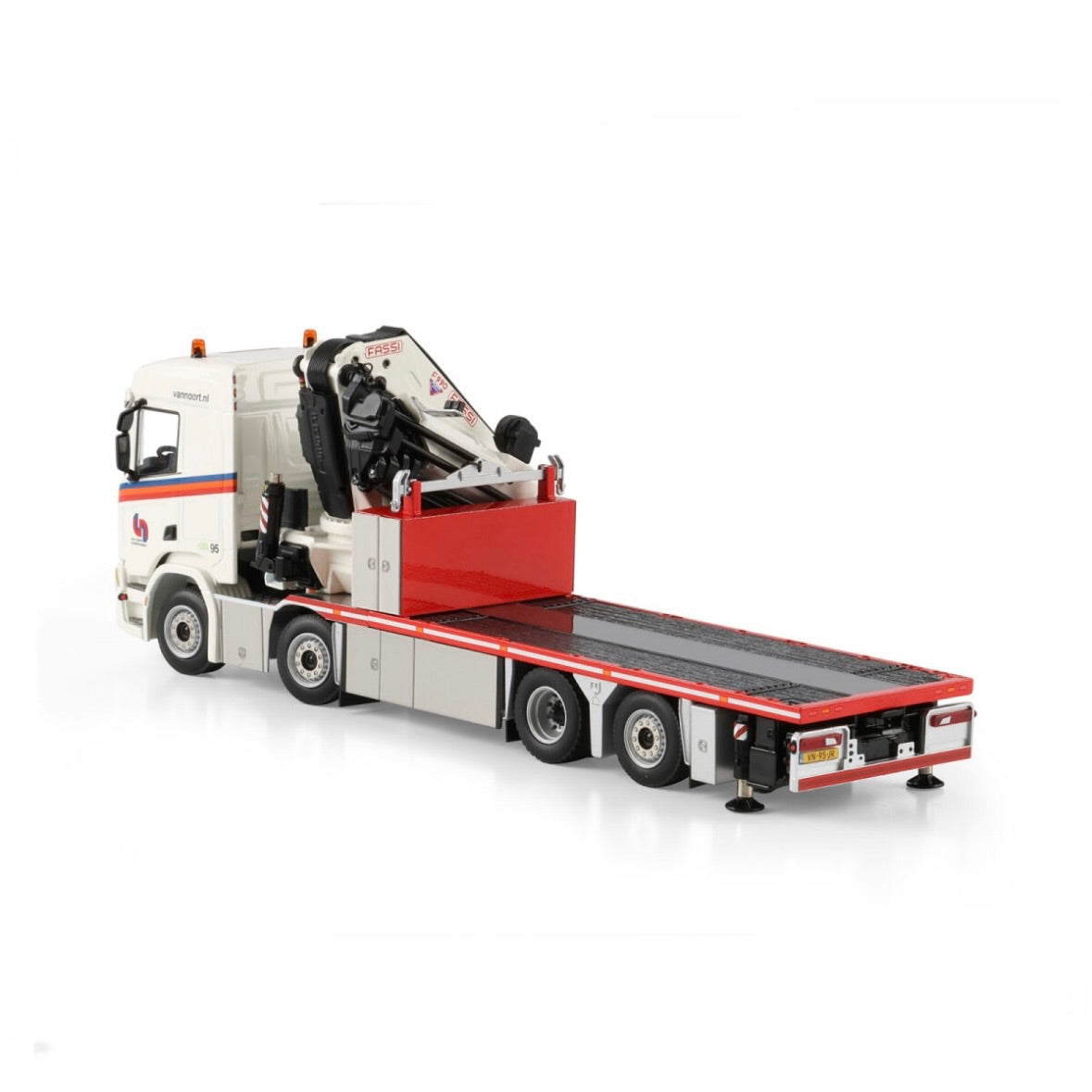 WSI Van Noort Transporten Scania R Normal CR20N Rigid Flatbed Truck 8x2 Tag Axle with Fassi 1100 + Jib rear side view