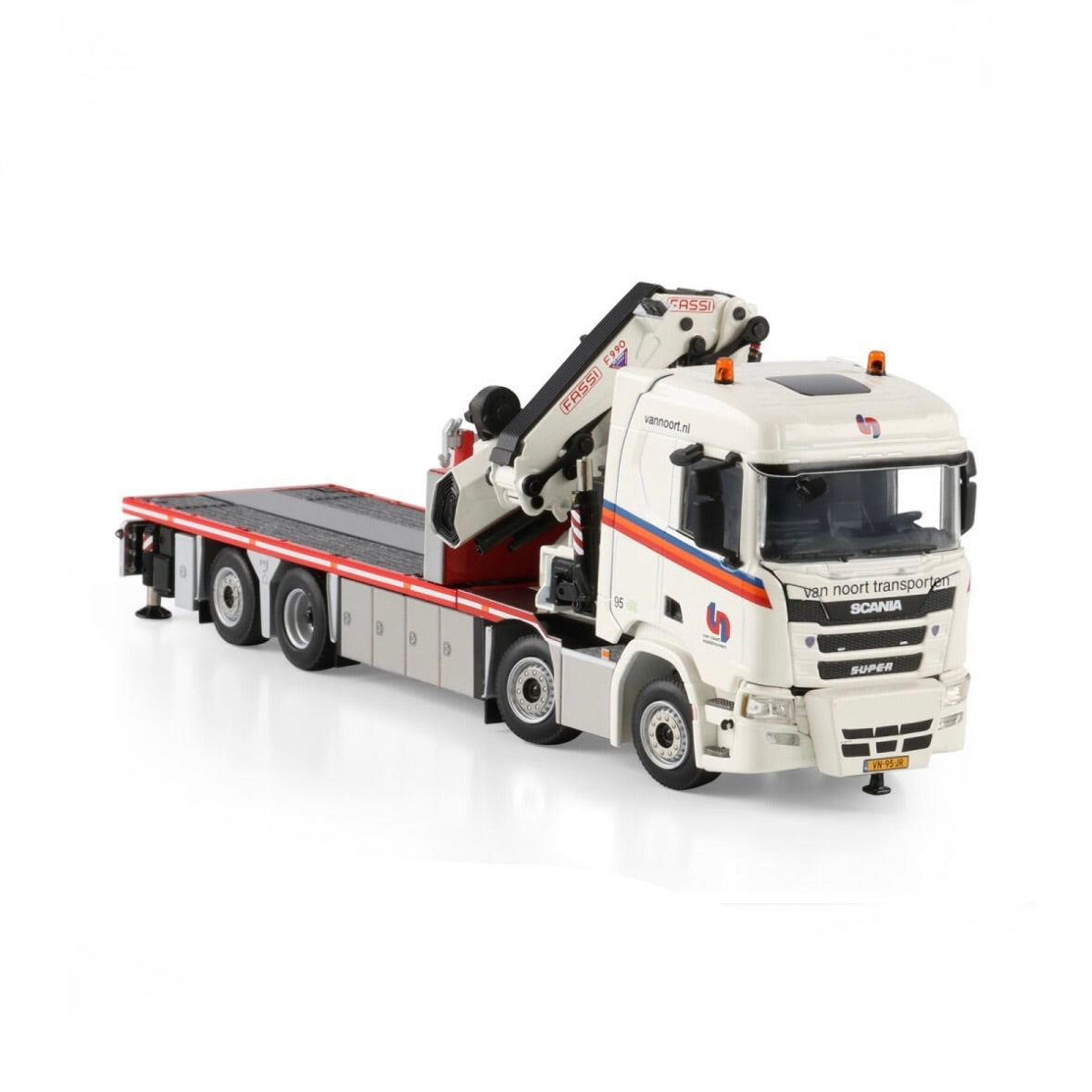 WSI Van Noort Transporten Scania R Normal CR20N Rigid Flatbed Truck 8x2 Tag Axle with Fassi 1100 + Jib detail view