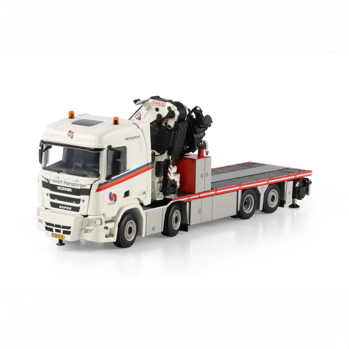 WSI Van Noort Transporten Scania R Normal CR20N Rigid Flatbed Truck 8x2 Tag Axle with Fassi 1100 + Jib corner view