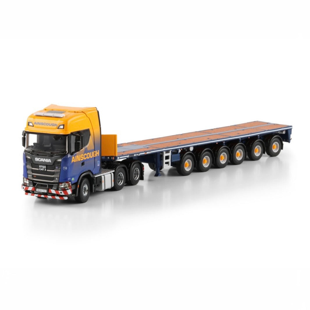 WSI Ainscough Crane Hire (New Livery) Scania S Highline CS20H 6x4 with 6 Axle Ballast Trailer cab detail view