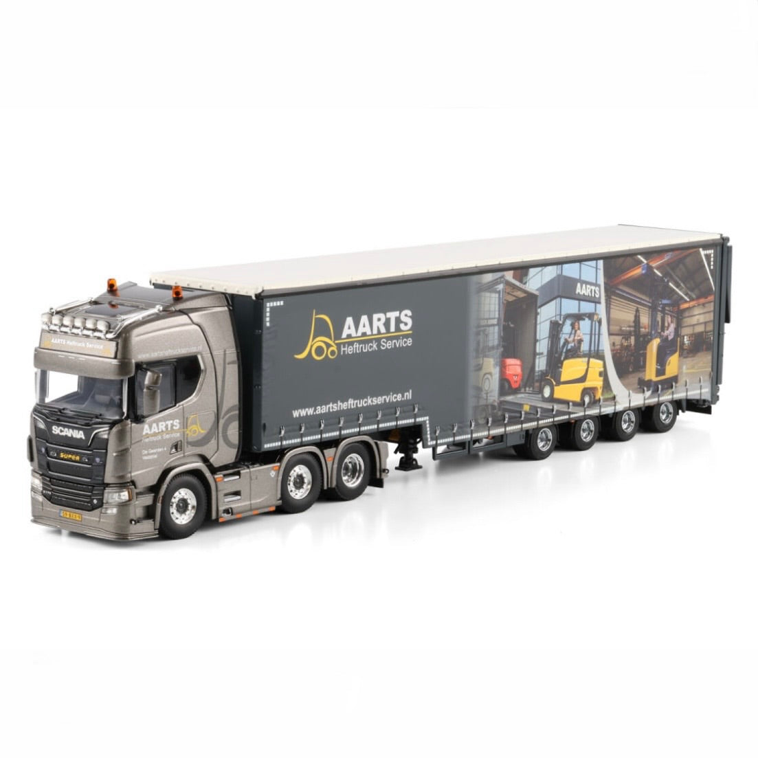 WSI Aarts Heftruck Service Scania R Highline CR20h with Fork Lift Delivery Curtained Low Loader Trailer
